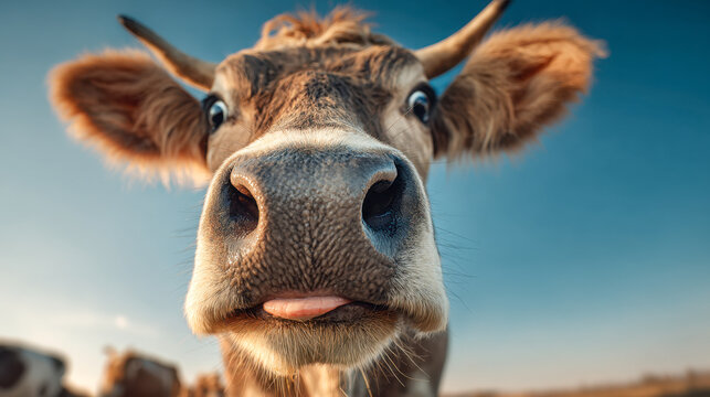 Curious cow with tongue out looking into the camera against a clear blue sky in a sunny rural landscape