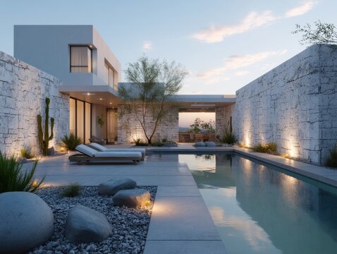 A large white house with a pool and a patio
