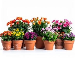 Group of Colorful Blooming Potted Flowers in Terracotta Pots on White Backdrop
