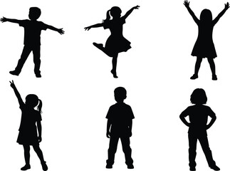 Happy children silhouettes collection featuring diverse kids dancing, jumping, playing, and posing in joyful positions isolated on a clean white background