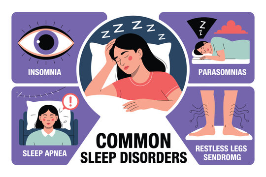Sleep disorders infographic with common conditions and symptoms