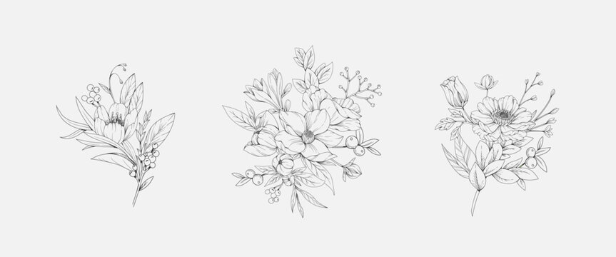 Botanic set of detailed various flowers and brunch. Luxury vintage floral collection for wedding invitation, wallpaper art or save the date card. Botanical vector illustration