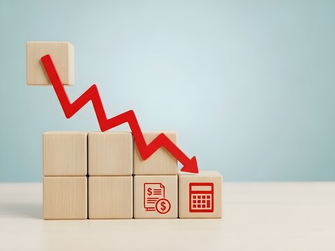 A red arrow declines over wooden blocks with financial icons, symbolizing economic crisis on a light blue background.