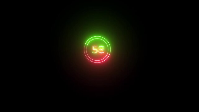 Abstract red and green glowing neon text  number 58 countdown icon. Educational mathematics  animation on black background.