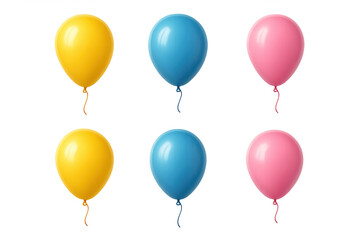 Six glossy latex balloons in yellow, blue, and pink arranged in two rows on a transparent background, ideal for party and celebration decor