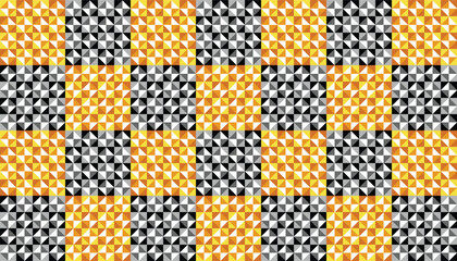 Modern geometric checkerboard pattern with gold and monochrome pyramid mosaic