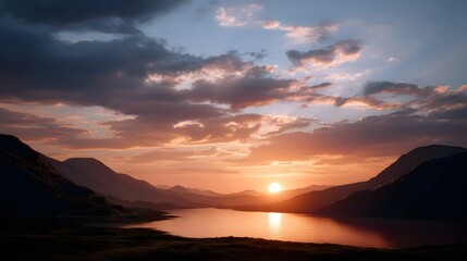 A dramatic sunset illuminates a tranquil mountain lake casting warm colors across the serene landscape
