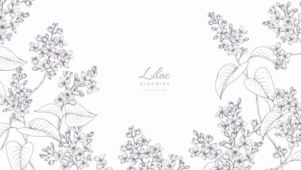 Naklejka premium Lilac blooming. Spring background with flowers and brunch. Detailed botanic hand drawn ink illustration for Mothers Day invitation or wedding save the date card