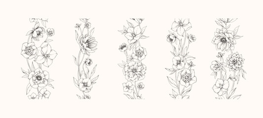 Naklejka premium Hellebore flowers seamless border with detailed various foliage, intricate details and delicate forms. Elegant floral design elements. Hand drawn illustration