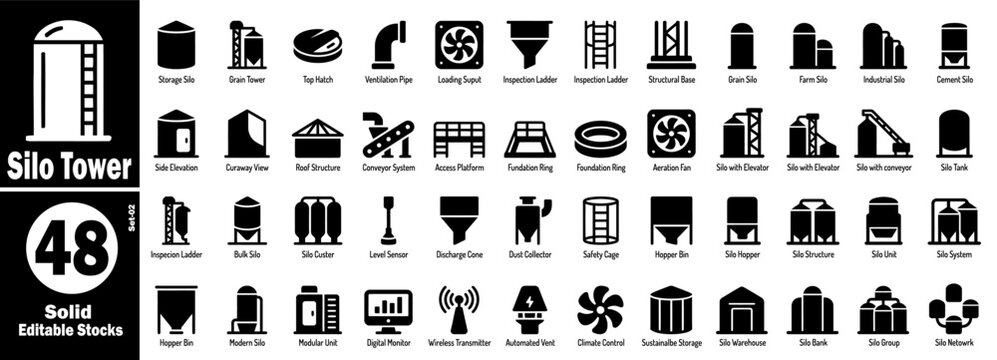 Silo tower solid icon set. Editable stocks of agricultural storage and processing vector illustration.