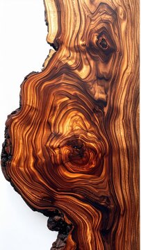 Detailed Close Up of Richly Grained Dark Wood Slab on White Background