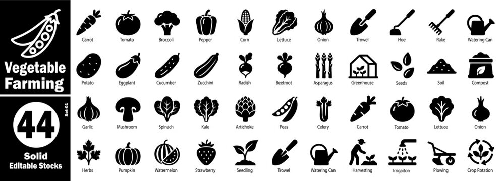 Solid vegetable farming icons. Organic agriculture and gardening vector illustration.
