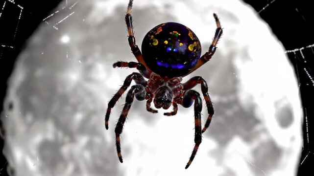 Spider Suspended in Web Under the Full Moon's Eerie Glow