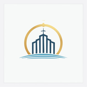 Abstract Religious Building Logo with Golden Circle and Blue Waves