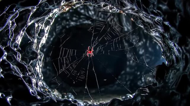 Spider Weaving Web Inside Dark Cave With Intricate Patterns