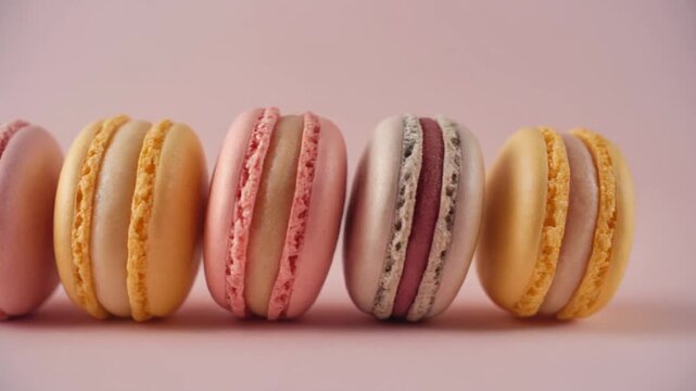 A row of colorful macarons displayed against a soft pastel background, showcasing their intricate details and vibrant hues.