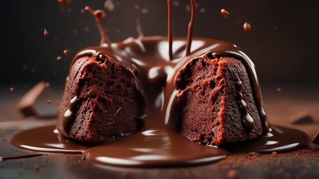 Molten chocolate lava cake being poured onto a decadent dessert, viewed from a close-up perspective