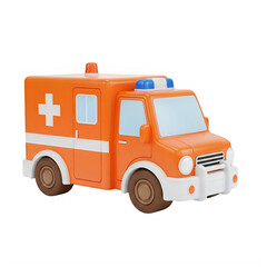 Orange ambulance truck with white cross and blue lights isolated on transparent background