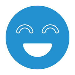 Obraz premium Bright cheerful smiling face emoji graphic with curved white eyebrows and wide grin set against solid vibrant blue circular background for positive energy designs
