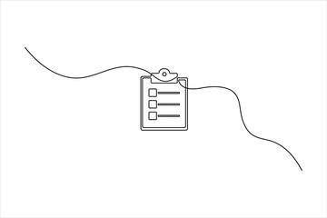 Obraz premium Minimalist continuous line drawing of a clipboard with square checkboxes. Clean vector art for business planning, productivity, and task management.