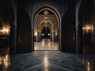 Fototapeta premium A large room with a doorway and a chandelier