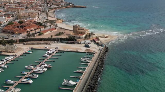 Aerial View of 16th Century Torre Vig&iacute;a de la Horadada Watchtower and Marina, Spain