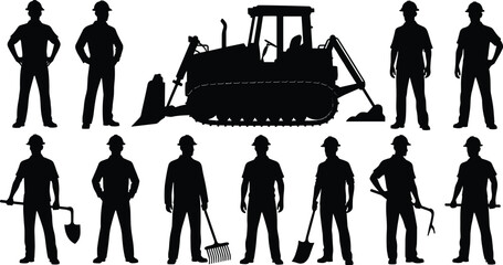 Construction worker silhouettes, bulldozer illustration, manual labor art, shovel and rake design, pickaxe and crowbar concept, workforce diversity representation © Tanjimul