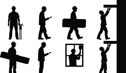 Construction worker silhouettes, industrial labor illustration, surveying and blueprint art, beam installation design, workforce diversity concept, building site representation © Tanjimul