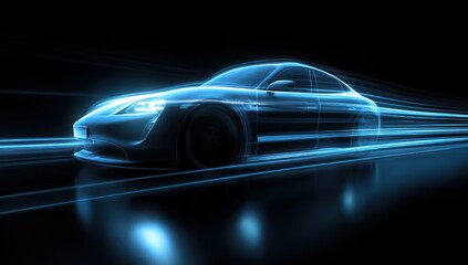 Naklejka premium Futuristic Electric Car Speeding Through Darkness.