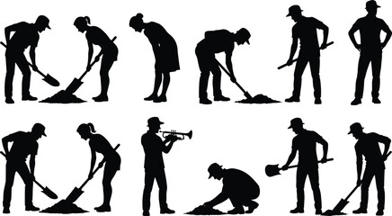 Construction worker silhouettes, manual labor illustration, shoveling and digging art, planting and inspection design, trumpet player concept, workforce diversity representation © Tanjimul
