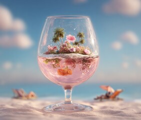 Glass of Rose Wine on Sandy Beach.