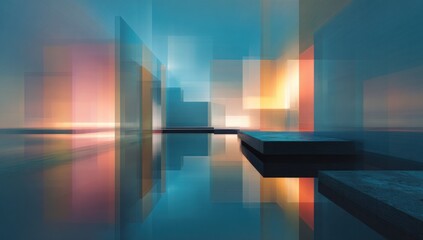 Futuristic Cityscape with Reflective Water Surface.