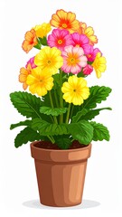 Vibrant Yellow and Pink Primrose Flower in a Pixel Art Style Pot