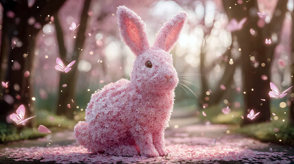 満開の桜並木でピンク色の花びらに包まれたウサギが蝶と一緒に佇んでいる幻想的な3Dレンダリングのイラスト