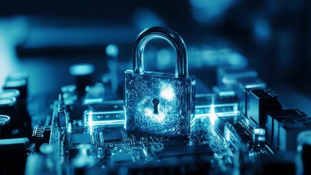A glowing blue padlock secures a circuit board with microchips in a dark room with blurred background, symbolizing cybersecurity