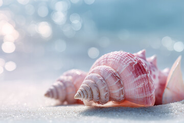 太陽の光でキラキラと輝く砂浜に置かれた淡いピンク色の縞模様が美しい二つの大きな巻貝のクローズアップ