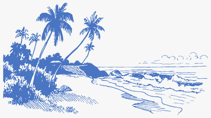 Palm beach coastline waves paradise vintage travel. Hand drawn crayon sketch drawing line art panoramic scene with sea surf and trees. Retro summer island vacation background.