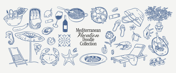 Summer vacation doodle. Blue mediterranean picnic seafood pasta wine travel elements. Crayon drawn coastal sketch drawing. Vector italian food dinner. Vintage ink line summer icons for menu, invitatio © Alena creator
