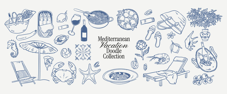 Summer vacation doodle. Blue mediterranean picnic seafood pasta wine travel elements. Crayon drawn coastal sketch drawing. Vector italian food dinner. Vintage ink line summer icons for menu, invitatio