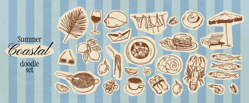 Scrapbook summer coastal doodles. Retro mediterranean brunch food set. Crayon drawn ink picnic illustration with pasta, seafood, wine. Clip art dinner collection in vintage chalk style.