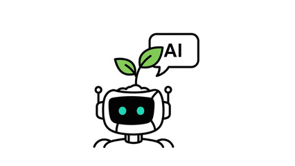 Black line art of AI chatbot and speech bubble sprouting green plant, responsible digital communication concept