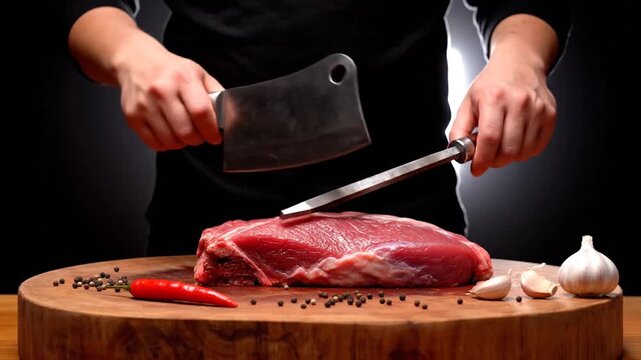 Chef sharpens a large cleaver knife over a raw cut of beef on a wooden board with chili and garlic.