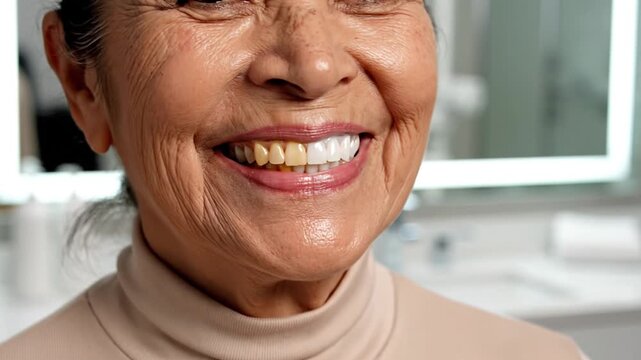 A senior Asian woman smiling with dental implants in a modern bathroom with a mirror