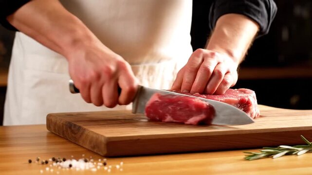 Close-up of a chef's hands slicing a raw steak with a sharp knife on a wooden cutting board with herbs.