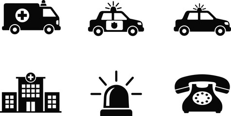 Set of black emergency icons including ambulance, police car, hospital building, siren, and telephone isolated on white background for safety design © fulbabu