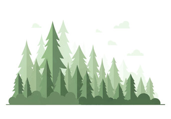 Obraz premium Illustration of a dense forest with various shades of green trees and bushes on a white background, with subtle clouds in the sky, creating a natural scenery for a background video.