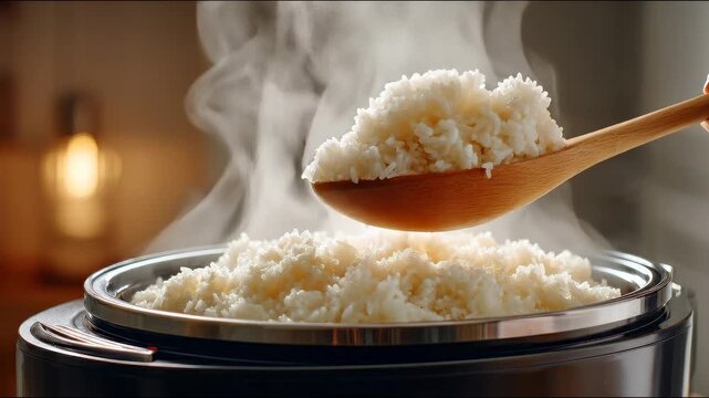 A steaming bowl of fluffy rice being served with a wooden spoon, exuding warmth and comfort in a cozy kitchen setting