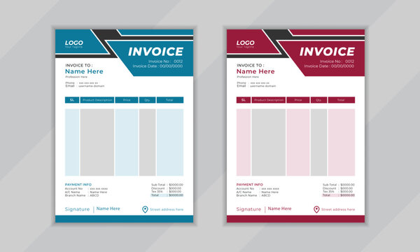 Modern invoice design template set in teal and maroon colors with professional structure