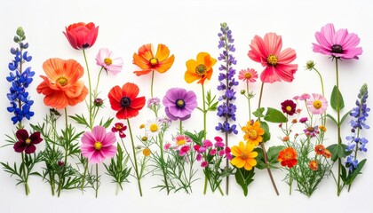Fototapeta premium Assorted Wildflowers Isolated on White Background Top View Delicate Colorful