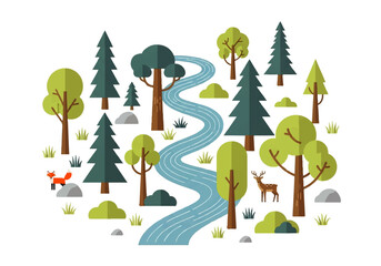 Illustration of a serene forest landscape with a winding river, featuring trees, rocks, and wildlife, set against a clean white background video.